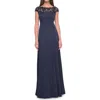 La Femme A-line Satin Dress With Stunning Beaded Neckline And Short Sleeves In Navy