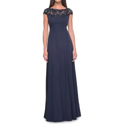 La Femme A-line Satin Dress With Stunning Beaded Neckline And Short Sleeves In Navy