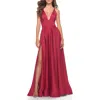 La Femme A-line Satin Gown With Deep V And Slit