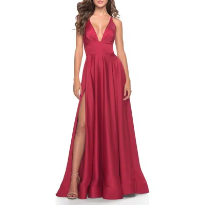 La Femme A-line Satin Gown With Deep V And Slit