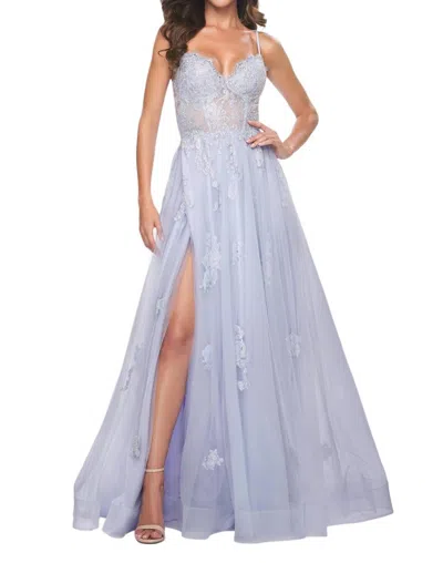 La Femme A-line Scallop Lace Prom Dress In Light Periwinkle In Blue