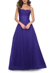 La Femme A-line Square Neck Tulle Ballgown With Illusion Waist