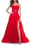 La Femme A-line Square Neck Tulle Ballgown With Illusion Waist