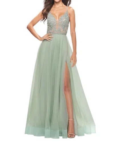 LA FEMME A-LINE STRAPPY BACK PROM DRESS IN SAGE
