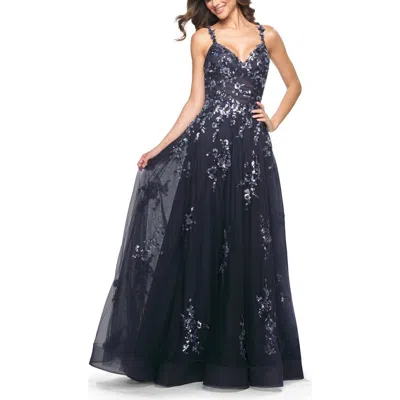 La Femme A-line Tulle And Floral Sequin Gown With High Slit