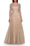 La Femme A-line Tulle And Lace Applique Gown With Lace Sleeves In Champagne