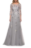 La Femme Beaded Lace Tulle A-line Gown In Silver
