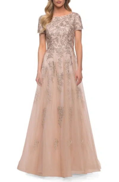 La Femme A Line Tulle And Lace Gown With Short Sleeves In Nude