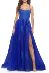 La Femme A-line Tulle Gown With Floral Embroidery And Pockets