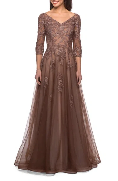 La Femme A-line Tulle Gown With Floral Lace Detail And V-neck