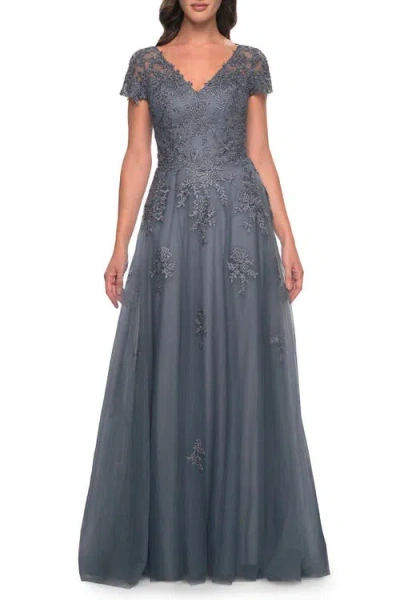 La Femme A-line Tulle Gown With Lace Applique And Short Sleeves In Slate Blue