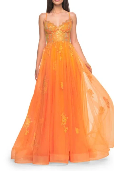 La Femme A-line Tulle Gown With Scallop Detail Bodice And Lace Applique