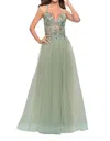 La Femme A-line Tulle High Slit Prom Dress In Sage In Green
