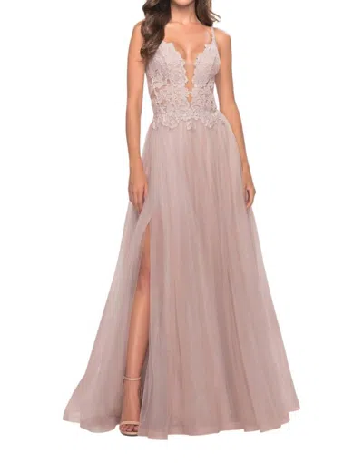 La Femme A-line Tulle Lace Prom Dress In Dusty Mauve In Pink