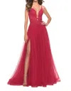 La Femme A-line Tulle Lace Prom Dress In Red In Red