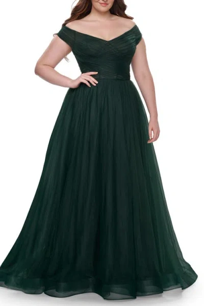 La Femme A-line Tulle Off The Shoulder Plus Size Dress With Slit