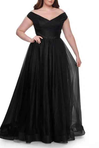 La Femme A-line Tulle Off The Shoulder Plus Size Dress With Slit