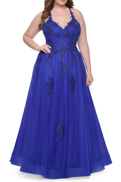 La Femme A-line Tulle Plus Dress With Lace Applique And Tie Back