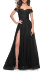 La Femme A-line Tulle Prom Dress With Off The Shoulder Top In Black