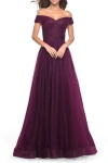 La Femme A-line Tulle Prom Dress With Off The Shoulder Top In Purple