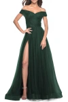 La Femme A-line Tulle Prom Dress With Off The Shoulder Top In Dark Emerald