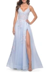 La Femme A-line Tulle Prom Dress With Scattered Lace Applique In Light Blue