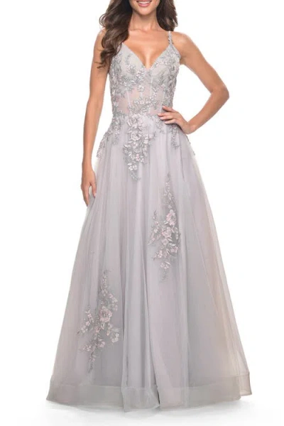 La Femme A-line Tulle Prom Dress With Scattered Lace Applique In Silver