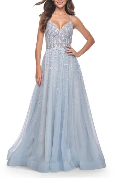 La Femme A-line Tulle Gown With Unique Floral And Rhinestone Details In Blue