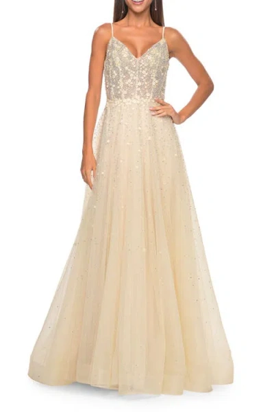 La Femme A-line Tulle Gown With Unique Floral And Rhinestone Details In Yellow