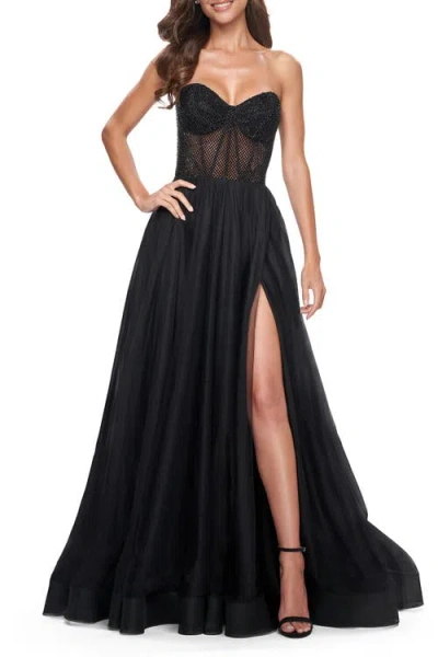 La Femme A-line Tulle Prom Dress With Rhinestone Fishnet Bodice In Black