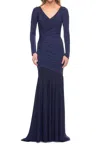 La Femme Apéro Ruched Jersey Long Sleeve Gown Dress In Navy In Blue
