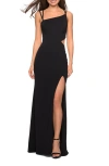 La Femme Asymmetrical Jersey Prom Dress With Cut Outs In Black