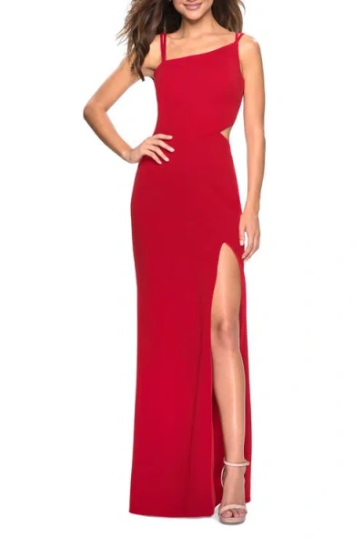 La Femme Asymmetrical Jersey Prom Dress With Cut Outs In Red
