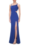 La Femme Asymmetrical Jersey Prom Dress With Cut Outs In Royal Blue