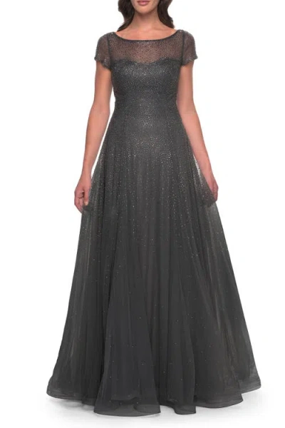 La Femme Beaded A-line Dress With Illusion Neckline And Sleeves In Gray