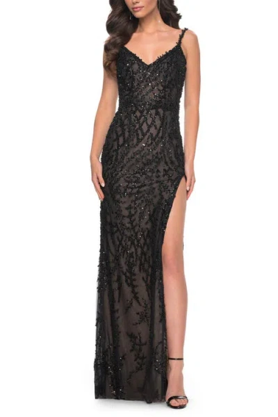 La Femme Beaded Gown With Intricate Design And V Neckline