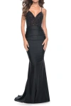 La Femme Beaded Illusion Top With Ruched Jersey Skirt Prom Dress