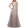La Femme Beaded Lace A-line Gown With Short Sleeves In Silver/pink