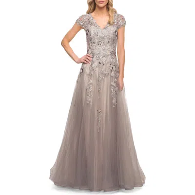 La Femme Beaded Lace A-line Gown With Short Sleeves In Silver/pink