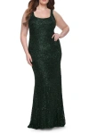 La Femme Beaded Lace Plus Size Fitted Dress With Square Neckline