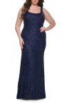 La Femme Beaded Lace Plus Size Fitted Dress With Square Neckline In Black