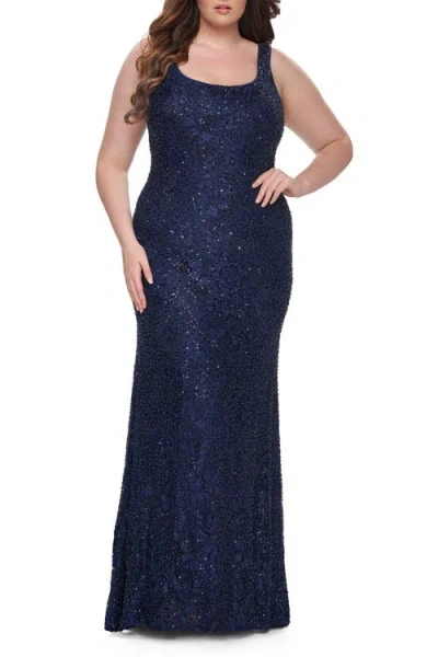 La Femme Beaded Lace Plus Size Fitted Dress With Square Neckline In Black