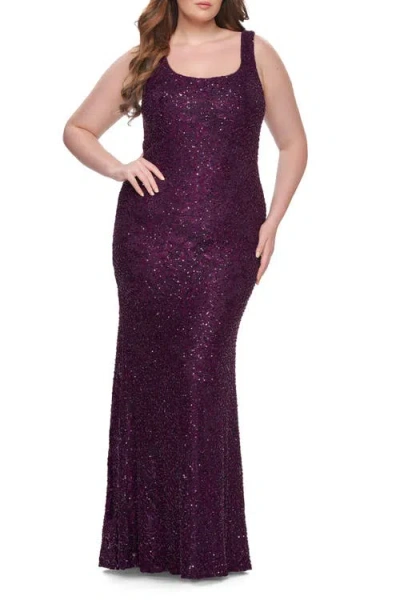 La Femme Beaded Lace Plus Size Fitted Dress With Square Neckline In Purple