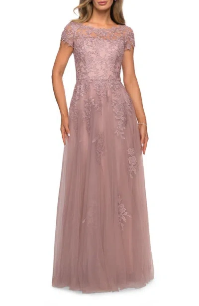 La Femme Beaded Lace Rhinestone A-line Evening Gown In Mauve