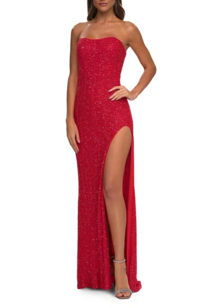 La Femme Beaded Lace Strapless Dress With Modified Sweetheart Neckline In Orange