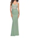 La Femme Beaded Lace V-neck Prom Dress In Sage In Green