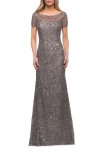 La Femme Beaded Long Dress With Illusion Top And Sleeves In Silver