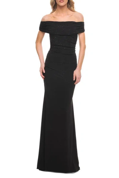 La Femme Beaded Long Jersey Off The Shoulder Gown