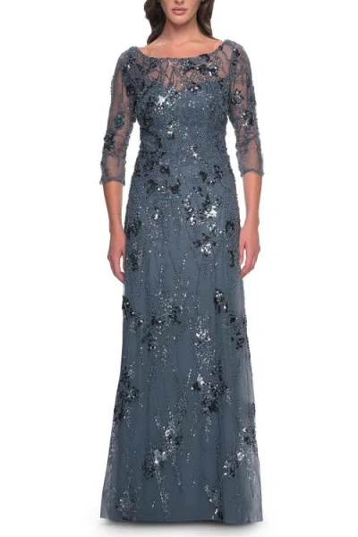 La Femme Beaded Long Mother Of The Bride Dress With Illusion Top In Slate Gray
