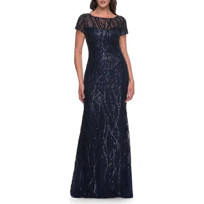 La Femme Beaded Print Fitted Evening Dress With Illusion Neckline In Navy